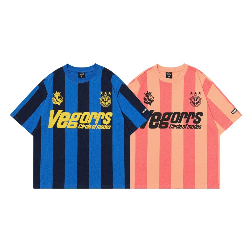 VEGORRS original retro Jersey estilo de manga corta Camiseta a rayas cuello redondo algodón hombres y mujeres misma moda media manga T8935