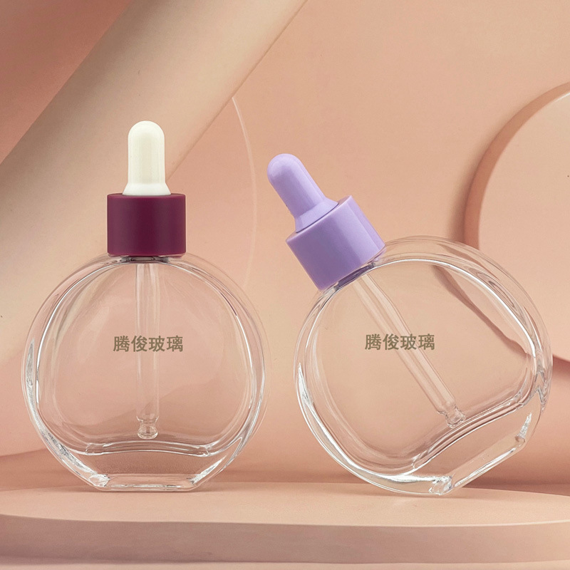 现货60ml扁圆精华精油原液滴管玻璃瓶粉底液脸眼部化妆品包材批发