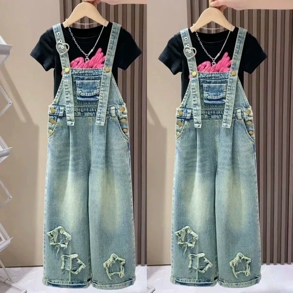 Girls' Summer Short-Sleeve Denim Outfit 2026 New Style for Older Children, Trendy Summer Two-Piece Overalls Set