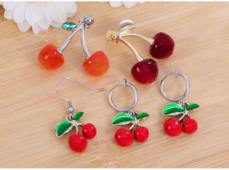 14g Weight Steel needle Ear Needle Material 1 Pair Elegant Cute Cherry Acrylic Alloy Drop Earrings Ear Studs