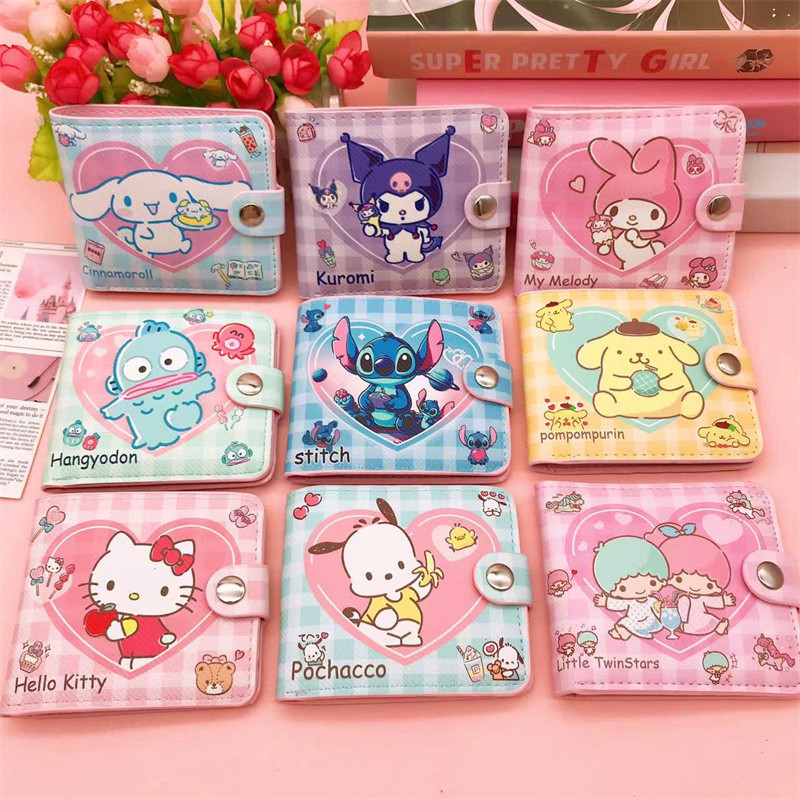 Cartoon Plaid Heart Pacha Dog Pu Wallet Soft and Cute Kuromi Student Kidsren's Wallet Card Holder with Buttons Cartoon Plaid Heart Pacha Dog Pu Wallet Soft and Cute Kuromi Student Kidsren's Wallet Card Holder with Buttons