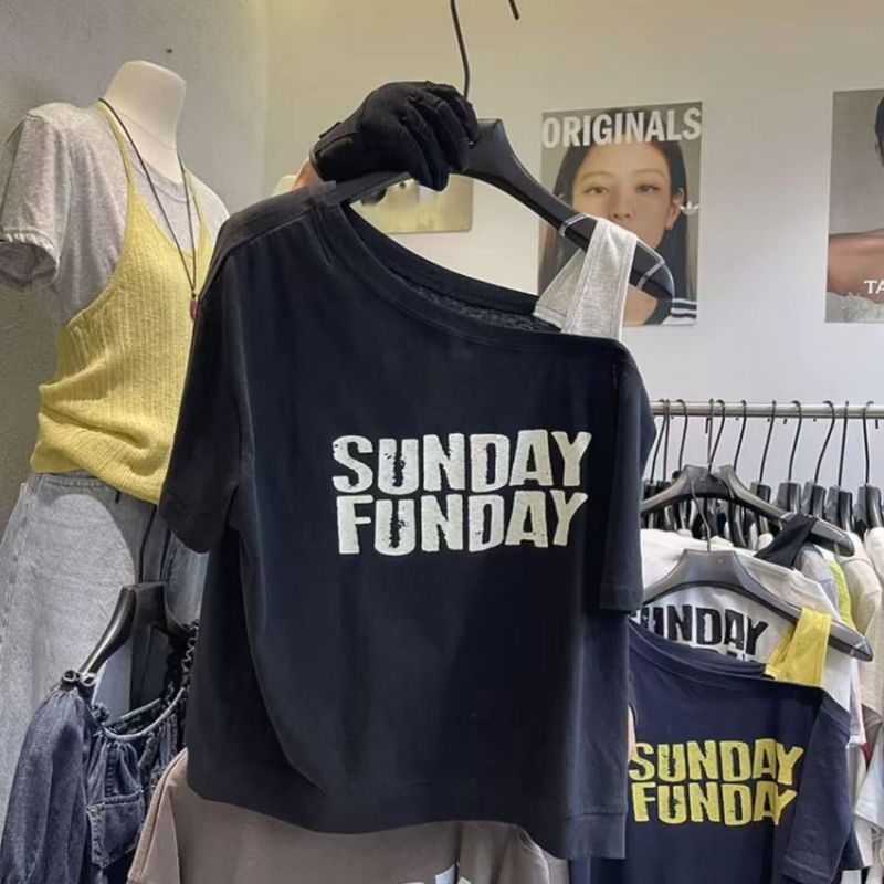 2025夏 オフショルダーサスペンダー コントラストレターカジュアルプリント半袖Tシャツ おしゃれ ゆったり 着痩せ 万能韓国版|undefined