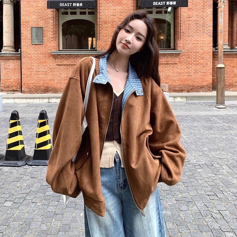 Vintage American-Style Baseball Jacket for Women, Autumn High-End Plaid Patchwork Zipper Long-Sleeve Loose Top Trendy