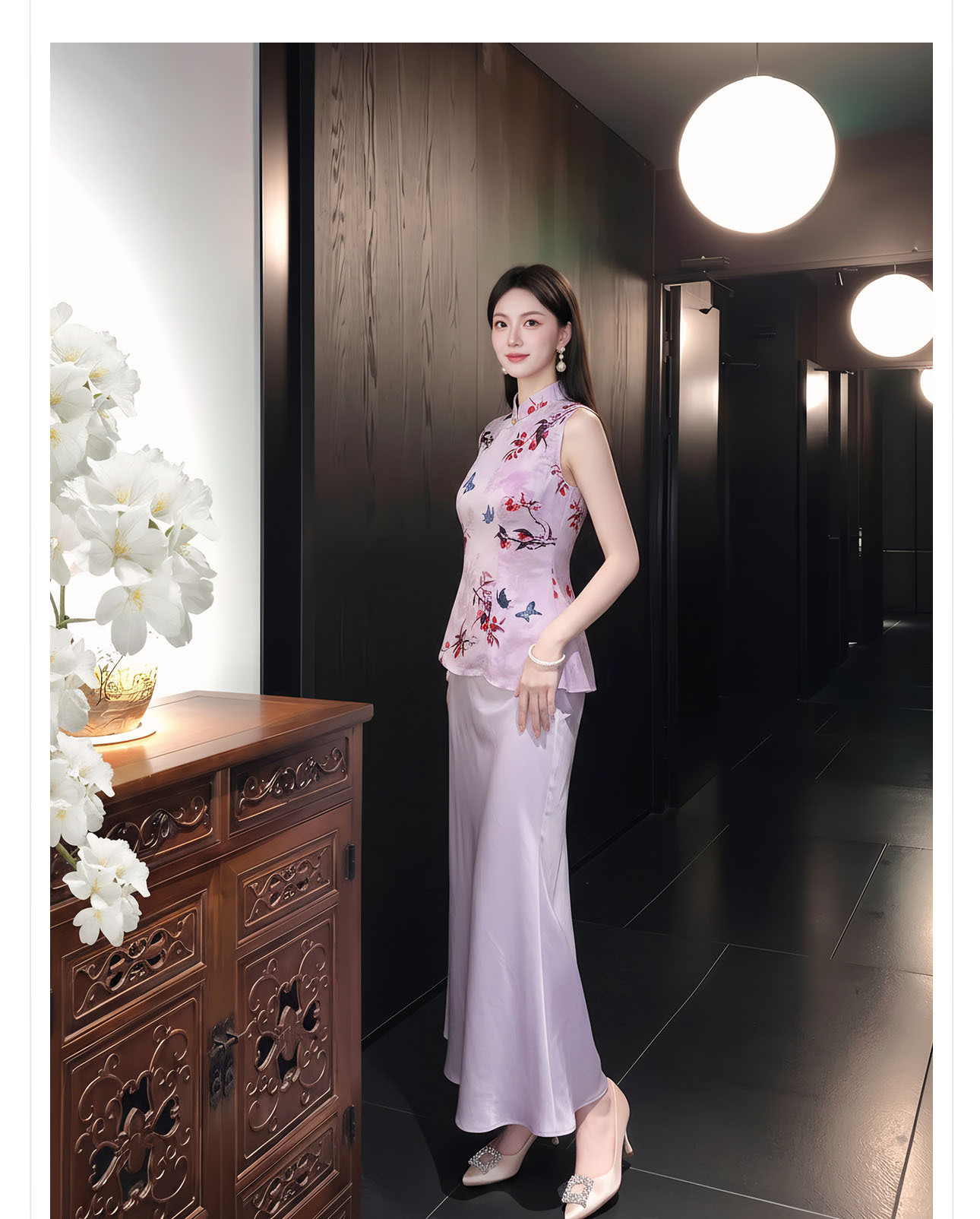 Áo gile nữ cổ đứng không tay họa tiết thêu hoa văn quốc phong — màu tím chi tiết 9