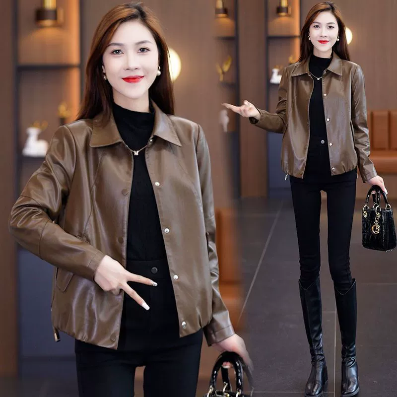 Кожаная куртка Haining женская осень/весна, молочно-кофейный и черный, Slim fit, размеры L-4XL, 407