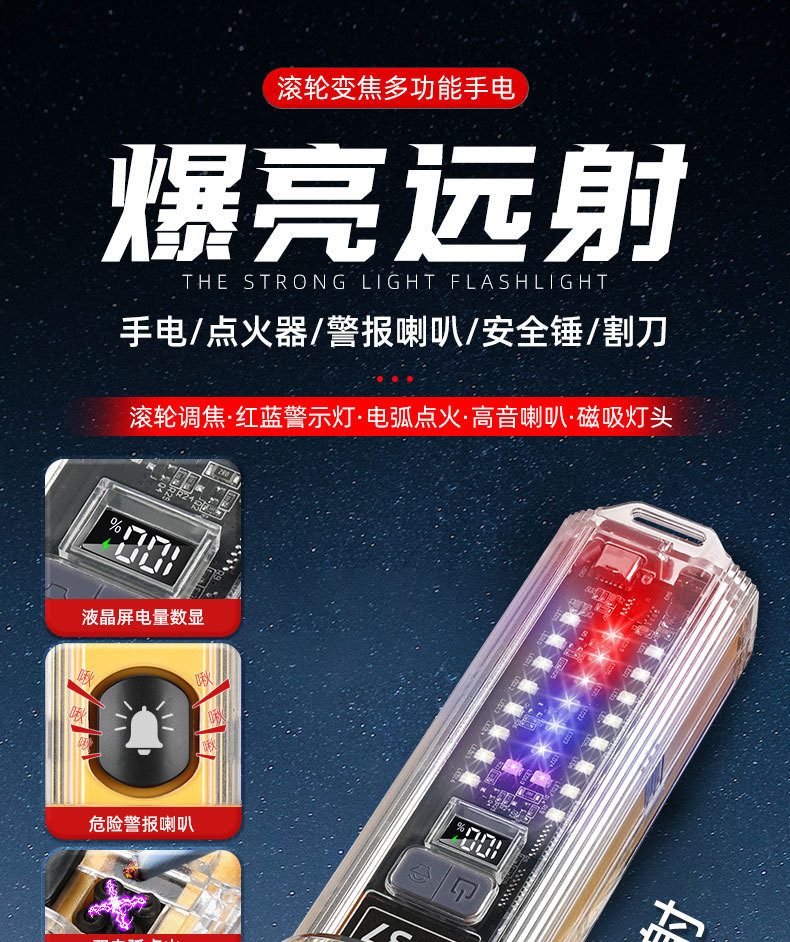 Cross-Border New Model White Laser Flashlight with Hammer, Multifunctional Outdoor Vehicle-Mounted Emergency Roller Zoom, Multi-Scenario Alarm