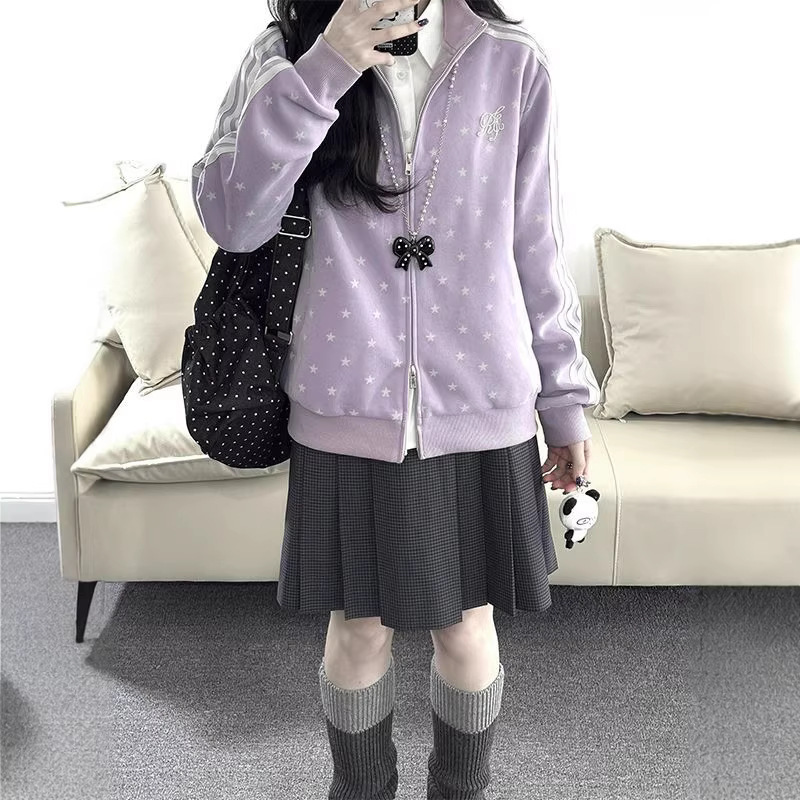 Japanese-Style Cute Polka Dot Three-Stripe Sweatshirt Jacket for Women, Winter Fleece-Lined Thickened Stand-Collar Zip-Up Top Japanese-Style Cute Polka Dot Three-Stripe Sweatshirt Jacket for Women, Winter Fleece-Lined Thickened Stand-Collar Zip-Up Top