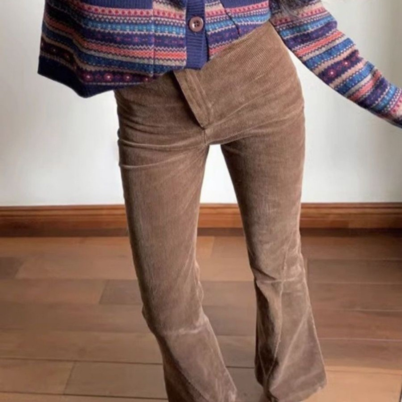 정말 아름다운  빈티지 다크 브라운 코듀로이 와이드 레그 바지 여성용 가을과 겨울 슬림핏 슬리밍 스트레치 마이크로 플레어 바지