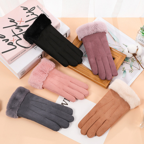 Suede warm gloves winter ladies students cute Korean style velvet thickened outdoor cycling touch screen gloves