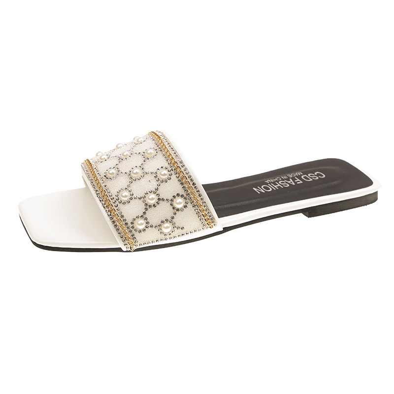 Women's Plus Size Sandals, New Summer Style, Korean Fashion, Rhinestone, Square Toe, Flat Sandals._vogvips.com