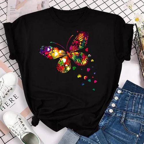 Fashionable Women's T-Shirt with Colorful Butterfly and Petal Print Short-Sleeve and Round Neck Cute Graphic T-Shirt Top for Girls