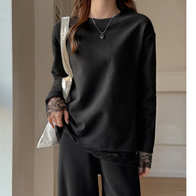 秋冬季加绒加厚德绒宽松长袖t恤女蕾丝慵懒感内搭打底衫韩系上衣