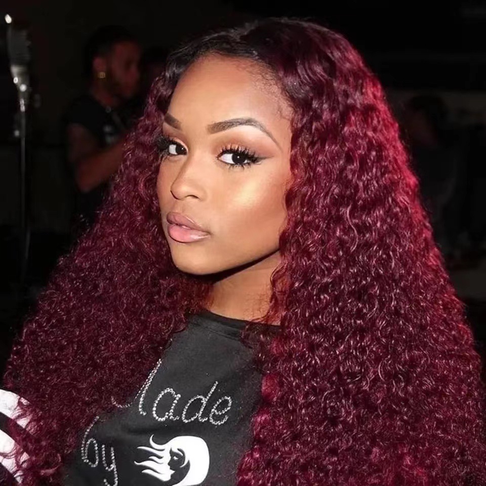 New Lace Wig Women Small Curly Long Hair Wine Red Front Lace Wig Set Hot Selling In Stock_voghion.com