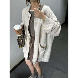 初秋亚麻长袖防晒衬衫女多口袋实用宽松慵懒风开衫外套设计感AAA