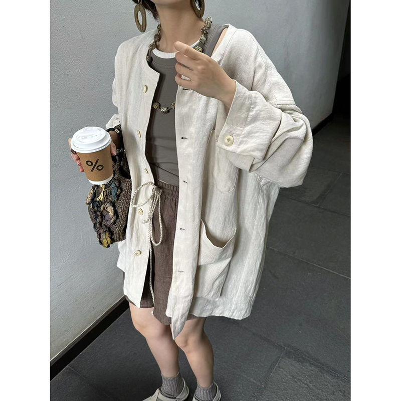 Early Autumn Linen Long-Sleeved Sun Protection Shirt for Women with Multiple Pockets, Practical, Loose, Lazy Style Cardigan Jacket with a Sense of Design Aaa