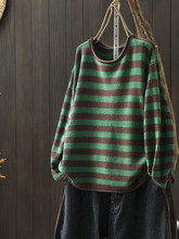 日本高端外贸出口撞色条纹毛衣秋装新款复古文艺打底针织衫女上衣