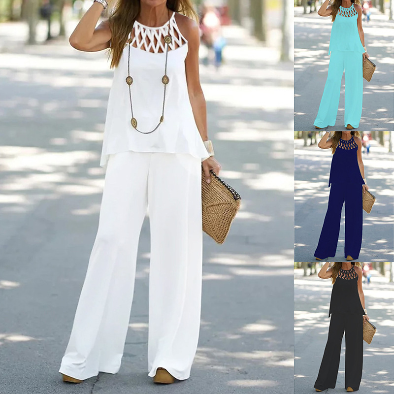 ON01232 2023 Autumn and Spring New Cross-border Women's Fashion Casual Solid Color Grid Round Neck Sleeveless Pants Two-piece Set