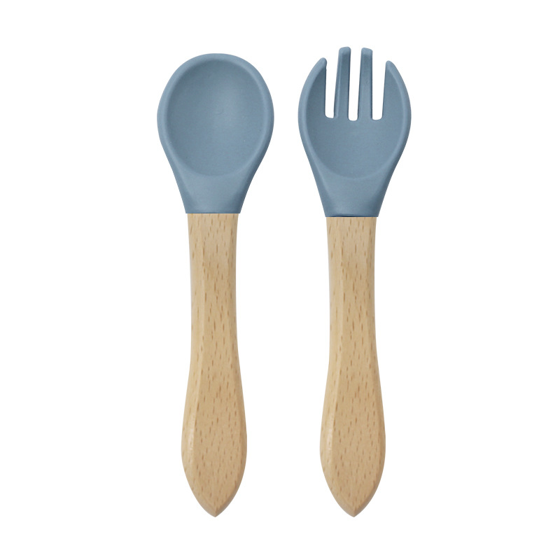 Bebé mango de madera tenedor cuchara traje de alimentación de los niños de madera mango tenedor cuchara conjunto cuchara de silicona tenedor bebé alimento suplemento tenedor cuchara traje image 12