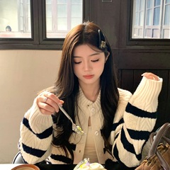 渔渔韩系条纹针织开衫时尚百搭软糯亲肤拼色毛衣女短款
