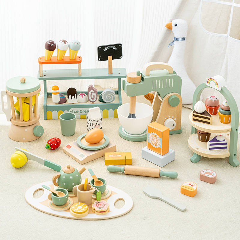 Children's wooden simulation afternoon tea dessert cake bread maker coffee machine play house tea set suit combination toy