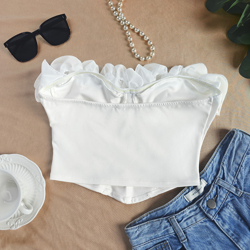 Sweet White Petal Trimmed Strapless French Retro Ruffled Top For Women Slimming Outer And Inner Wear_voghion.com