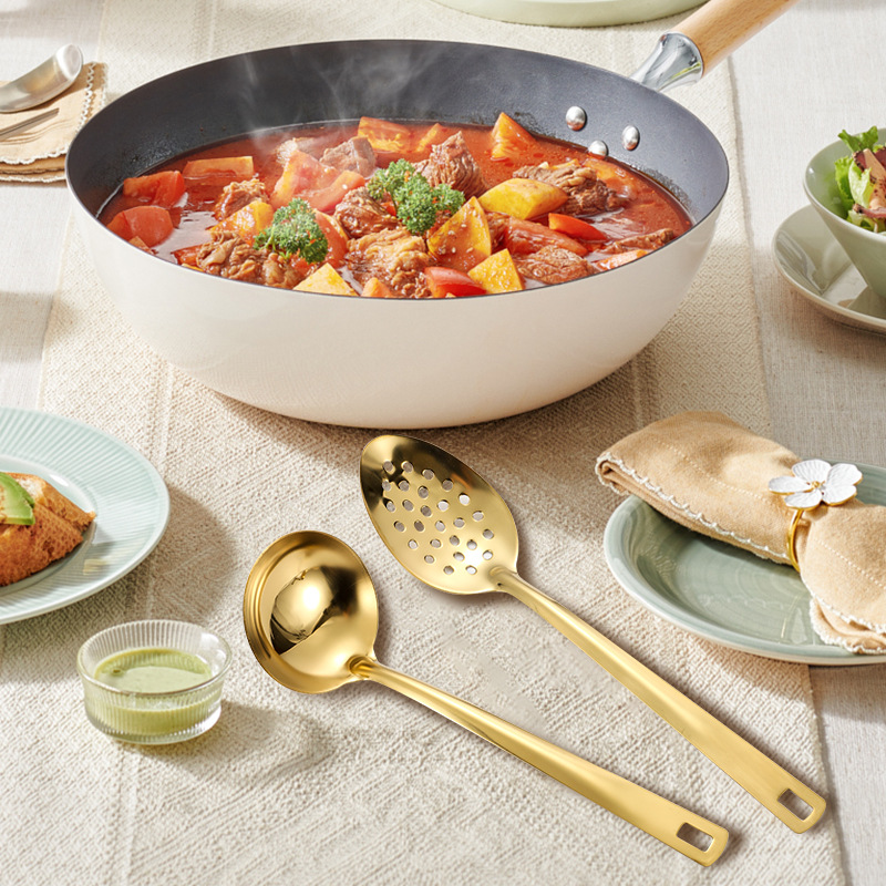 Pala frita de 6PC transfronteriza, pala para freír, cáscara de sopa, cuchara de punta con fugas, cocina chapada en oro, utensilios de cocina de acero inoxidable ligero, juego de 6 piezas, caja de regalo