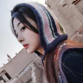 韩国代购东大门新款复古条纹拼色针织渔夫帽女冬季休闲保暖毛线帽
