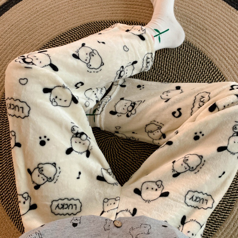 Pantalones de pijama de franela de dibujos animados de otoño y invierno para mujeres con pantalones de lana de coral caliente para estudiantes de lana de invierno para el hogar