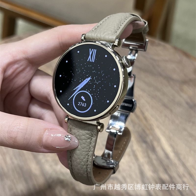 Suitable for Huawei Gt5 Watch Pebbled Genuine Leather First-Layer Cowhide Strap 18mm Butterfly Buckle Soft Leather for Women