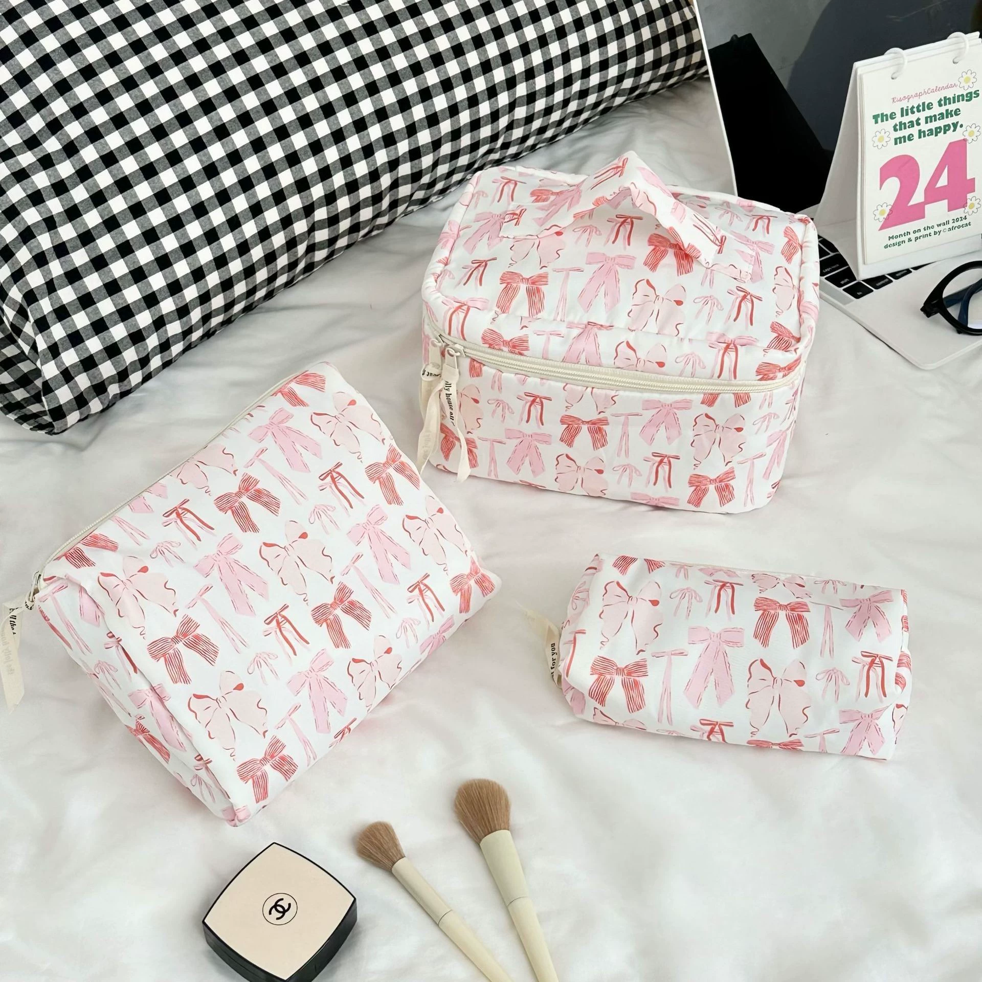 Handheld Cosmetic Bag, Korean Style Bow Organizer, Cotton, Multiple Sizes (Small/Medium/Large)