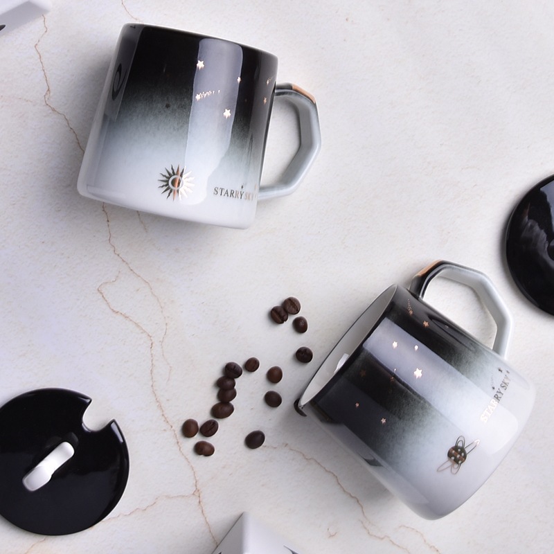 Luna estrellada personalizada taza de dibujos animados Estilo nórdico regalo cerámica café con tapa cuchara Oficina agua