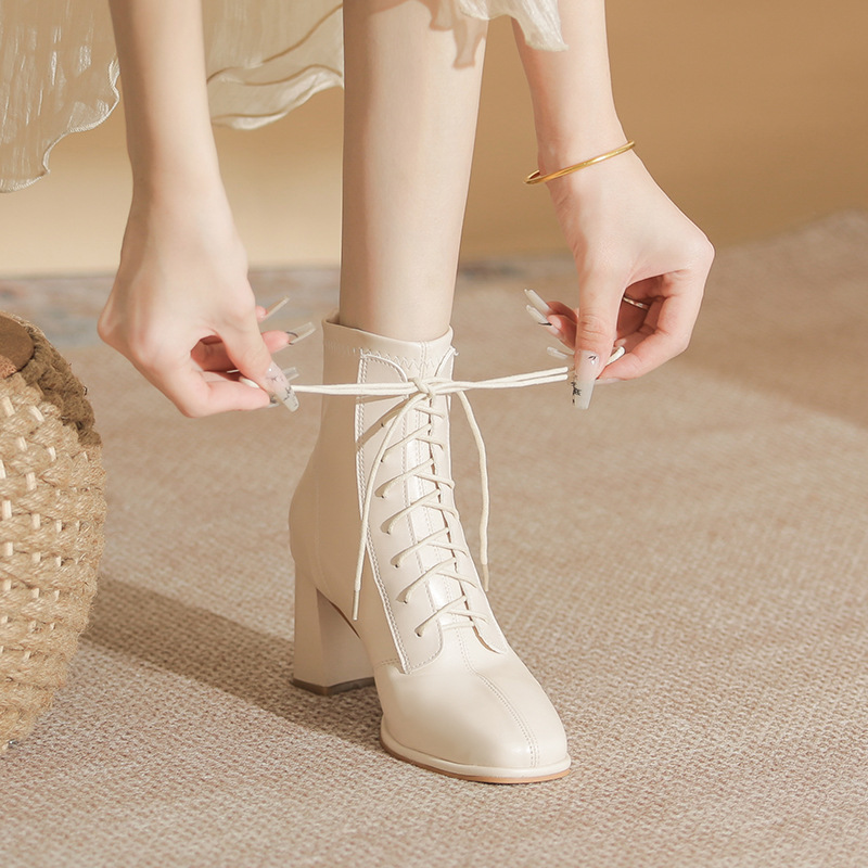 Martin boots for women 2023 Winter New High Heel lace-up simple square toe fashion boots Women's chunky heel back zipper short boots