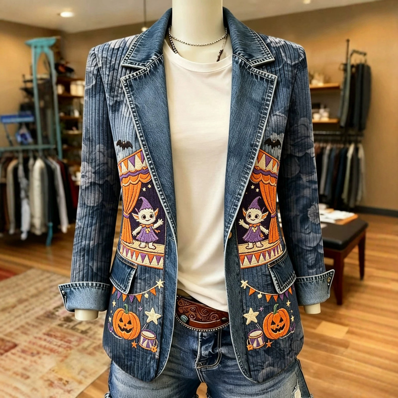 2026 Women's Vintage Halloween Print Patchwork Blazer 2026 Women's Vintage Halloween Print Patchwork Blazer