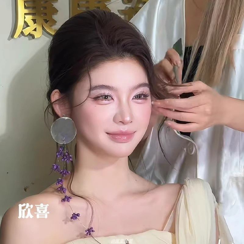 森系紫色花朵耳钩高级感气质长款耳饰新中式新娘结婚晨袍礼服配饰|undefined
