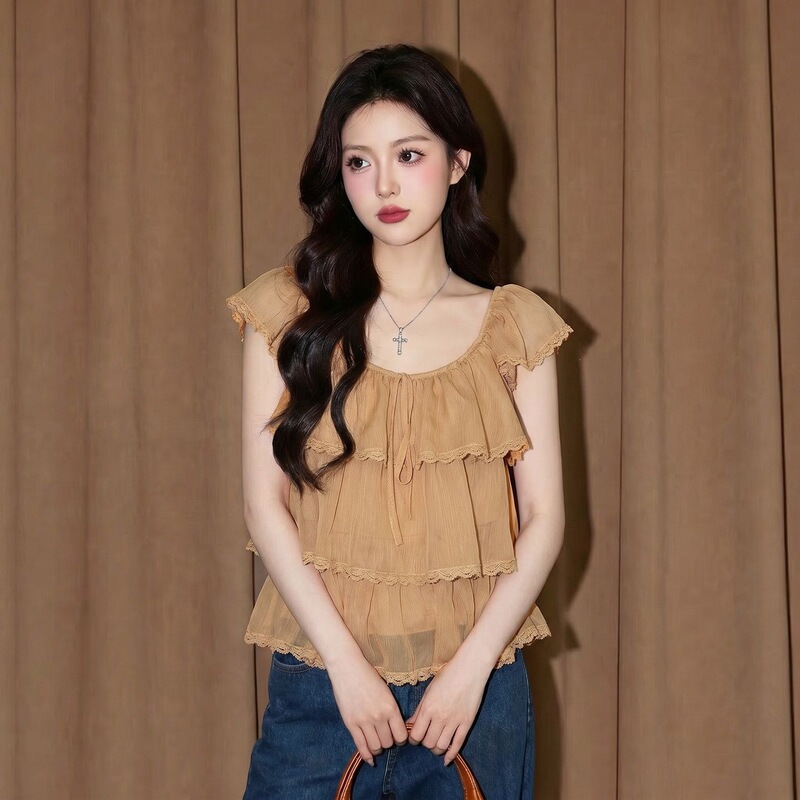 Orange Lace Short-Sleeved Top for Women, Summer French Style, Chic Babydoll Shirt, Dopamine Pretty and Fairy-Like Chiffon Blouse