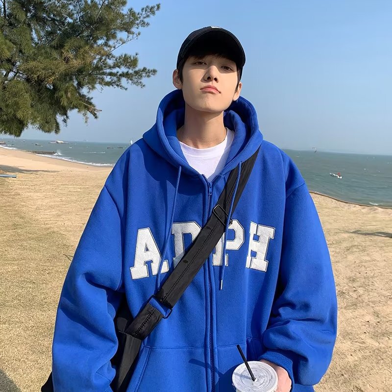 Korean Style Autumn and Winter Sweatshirt Hooded Youth Popular Fleece-Lined Autumn and Winter Trendy Casual Men's Harajuku Loose Zipper Cardigan Korean Style Autumn and Winter Sweatshirt Hooded Youth Popular Fleece-Lined Autumn and Winter Trendy Casual Men's Harajuku Loose Zipper Cardigan