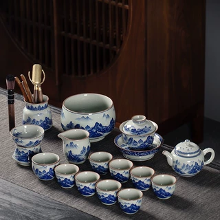 景德镇釉下青花功夫茶具套装家用陶瓷千里江山水泡茶壶茶杯礼盒装