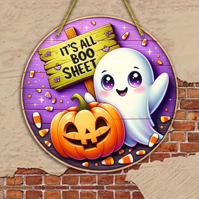 ホット販売クリエイティブ木製クラフトドアサイン吊り下げ装飾ラウンドロゴかわいいゴーストハロウィン装飾ペンダント|undefined