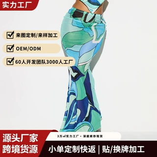 欧美跨境爆款抽象印花网纱鱼尾半身裙高腰包臀透视弹力度假风长裙