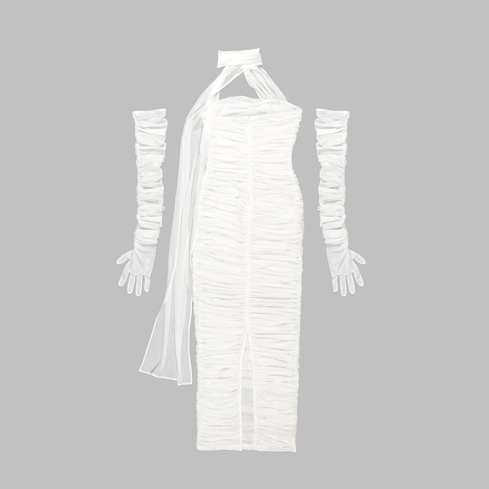 Summer White Gloves Mesh Ribbon Dress Women Clothing Halter Dress Lace Package Hip Dress