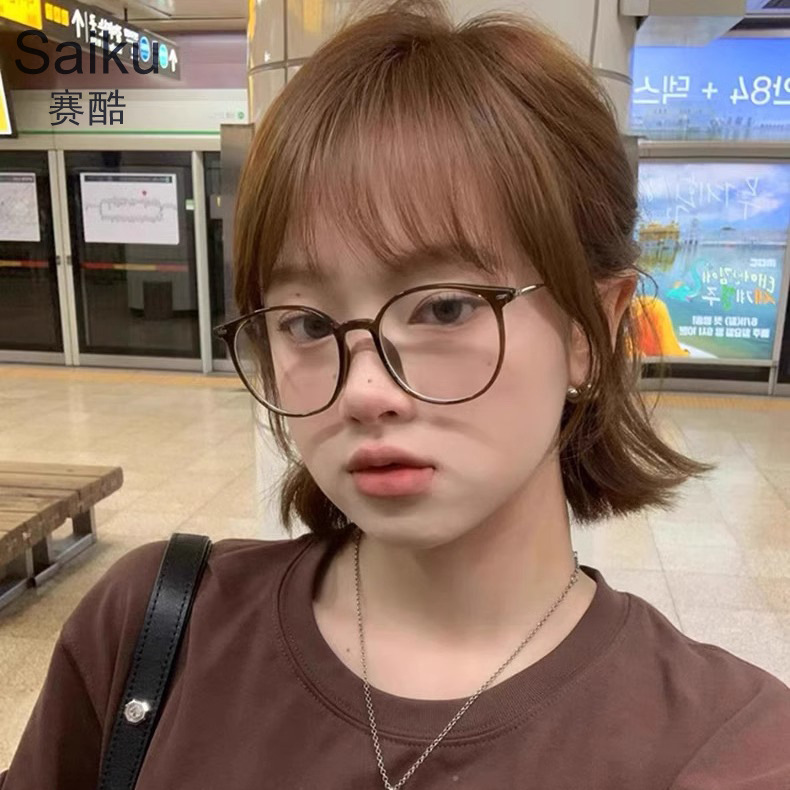 新款茶色超轻眼镜框镜架女素颜神器圆形一体复古女款可配近视镜片