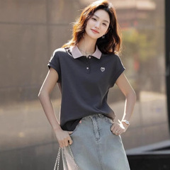 百合衝突色polo襟半袖tシャツ2025夏の新型減齢ゆるいカジュアル痩せた上着女性
