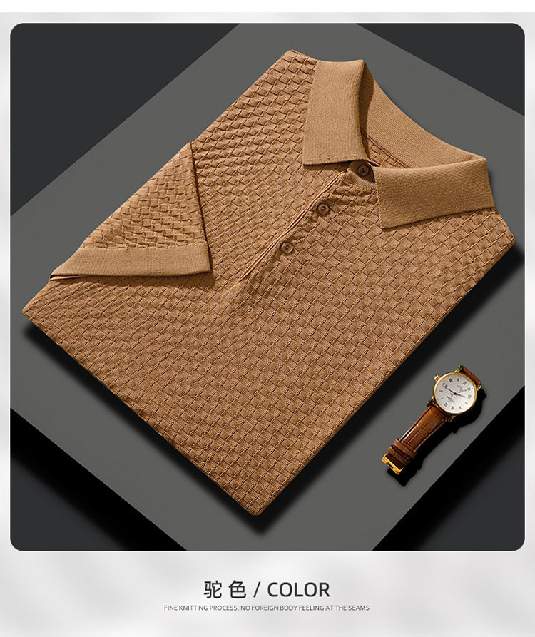 Áo thun nam tay ngắn cổ POLO chất liệu tơ tằm pha len dệt kim mỏng nhẹ — Màu camel, Màu trắng, Màu xám, Màu đen chi tiết 11