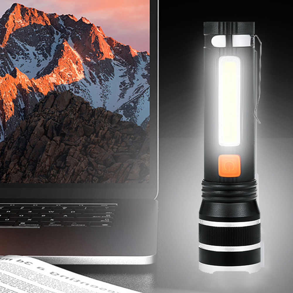 Nuevo p50 linterna de luz fuerte impermeable al aire libre con ventana rota martillo banco de energía de emergencia cob doble fuente de luz linterna remota