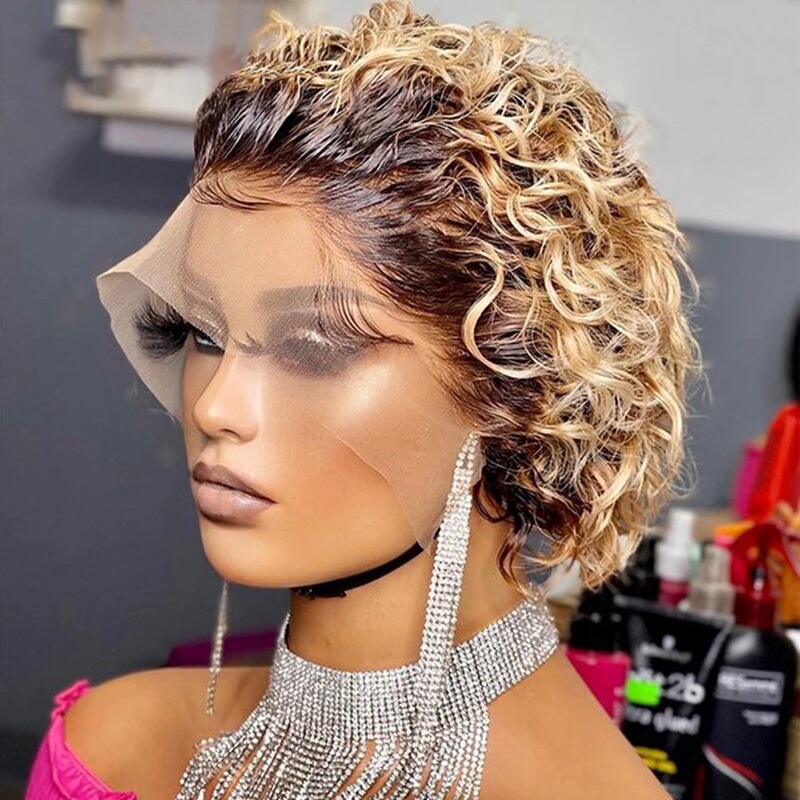 Wig elf 13x1pixie cut wig real hair front lace 99J#1BT30#350 color