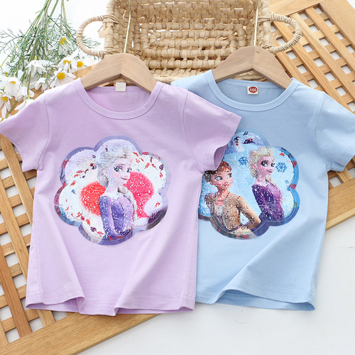 Girls summer same style children's clothing little girl short-sleeved double-sided color changing sequin T-shirt princess top