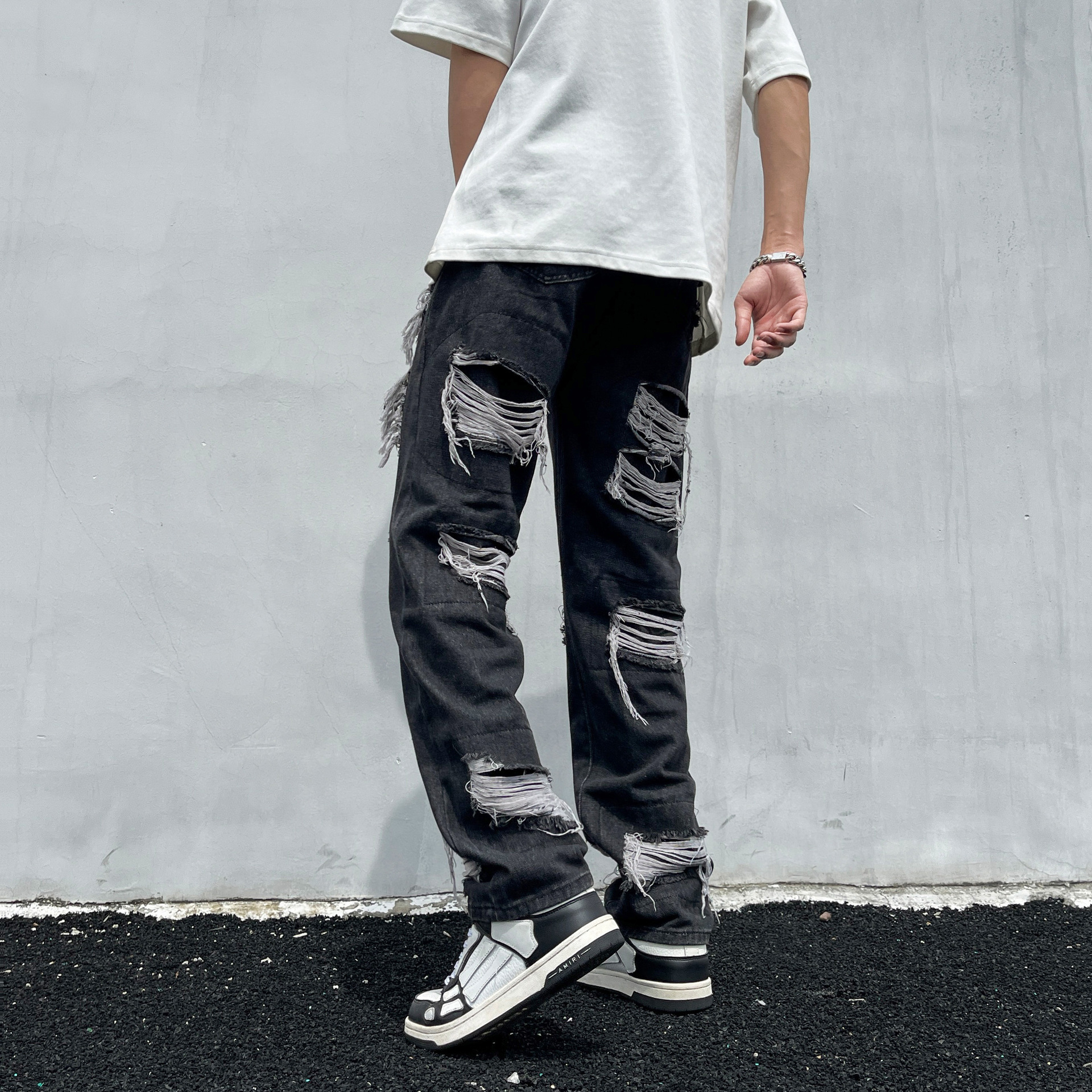 Tie-Dye Ripped Jeans For Men And Women American High Street Vintage Washed Slim Fit Flared Pants_mkmklike.com