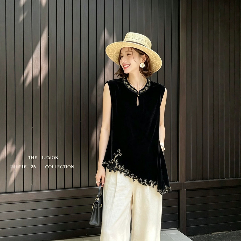 Early autumn new style irregular hem velvet beaded embroidered sleeveless vest, vintage Chinese style versatile top women's T-shirt Early autumn new style irregular hem velvet beaded embroidered sleeveless vest, vintage Chinese style versatile top women's T-shirt