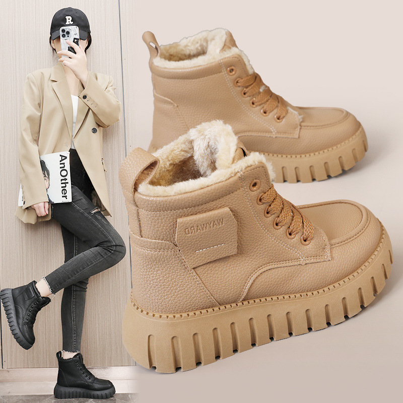 KT2283 New 2024 Winter Thick soled Women's with Veet Solid Color Warm High Top Cotton Shoes for Height Increase, Student_voghion.com