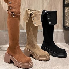 2025年新作 レトロ風 小柄な女性向け ウエスタンブーツ 秋冬用 裏起毛 ロングブーツ ブラウン ロングブーツ ライダーブーツ